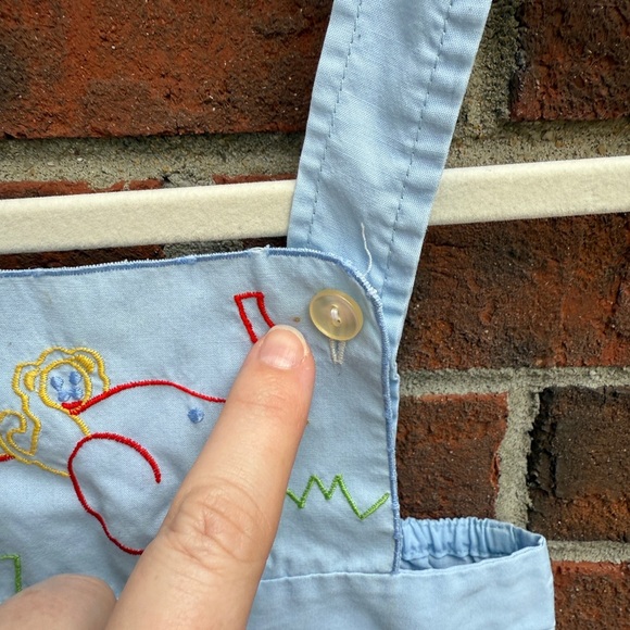 Vintage 90s Blue Shortalls Embroidered Jungle Elephant Monkey Overalls Size 0-3 - Picture 3 of 5
